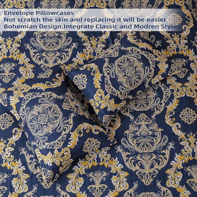 WONGS BEDDING Blue Gold Comforter Set King Size, Damask Texture 7 Pieces Bed in a Bag Microfiber Comforter Bedding Sets -1 Comforter, 1 Flat Sheet, 1 Fitted Sheet, 2 Pillow Shams, 2 Pillowcases