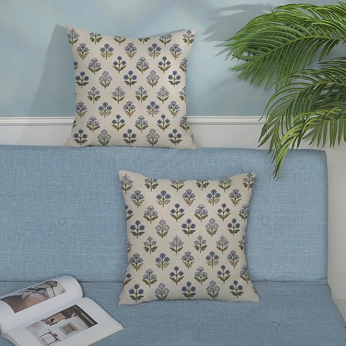 Blue Green Pillow Covers 24x24 Inch 2 Pcs Block Print Vintage Floral Decor Throw Pillows Boho Flower Spring Summer Outdoor Seasonal Decoration Pillowcase Linen Cushion Cover for Couch Sofa