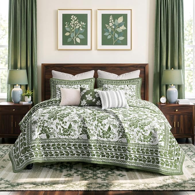 FLYMME Green Vintage Floral Quilt Set Full/Queen Size, 3-Piece Classic Reversible Bedspread Coverlet with 2 Pillow Shams, Lightweight Botanical Bedding Set for All Season
