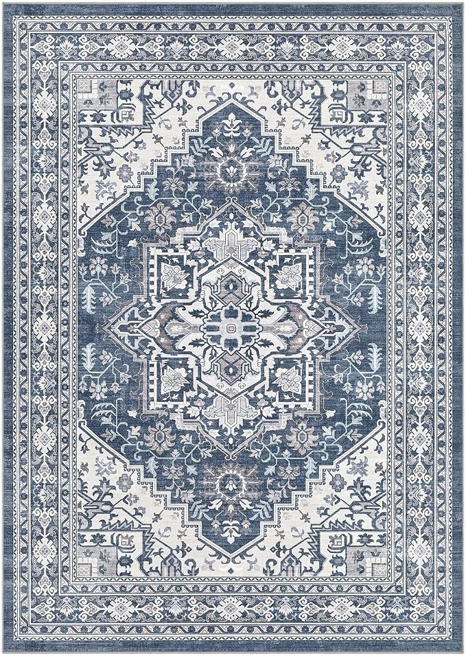 UERMEI 6x9 Area Rug for Living Room - Washable Vintage Carpet, Non-Slip Soft Large Indoor Floor Rugs for Bedroom Home Office & Under Dining Table Decor, Denim Blue/White
