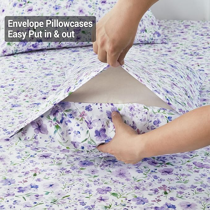 Viviland Floral King Sheet Set - 4 Piece Vintage Lavender Flower and Leaves Patterned Bed Sheets - Soft, Breathable Microfiber Sheets with Deep Pocket, Non-Slip Fitted Sheets & Pillowcases