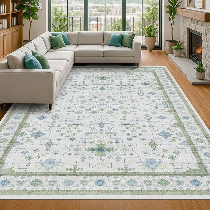 Blue and Green Living Room Rug 8x10 - Cream Oushak Vintage Boho Floral Farmhouse, Washable Low Pile Non-Slip Extra Large Area Rugs for Bedroom, Girls, Boys, Playroom, Lounge