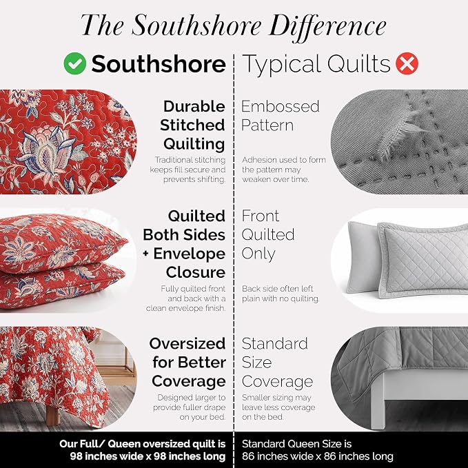 Southshore Fine Living, Inc. Oversized Full/Queen Quilt Bedding Set, Jacobean Willow Floral Quilt Set Queen or Full Size with 2 Matching Pillow Shams, Lightweight Bedspread, Soft and Cozy, Red