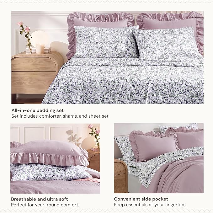 Full Size Comforter Sets-7 Pieces Ruffle Bedding Floral Sheet | Purple Bed in a Bag, Soft Lightweight All Season Farmhouse Full Size Bedding Sets with Floral Sheets, Pillowcases & Shams