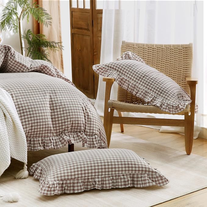 ATsense Tan Gingham Ruffle Duvet Cover Bedding Set Cotton Like Linen, Queen | 100% Washed Cotton Linen-Like Feel Soft, Breathable & Comfy. Fall Vintage Farmhouse Decor, Zipper & 8 Ties. 3 Pcs, No Insert