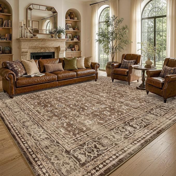 8x10 Ft Large Area Rugs for Living Room, Soft Non-Slip Machine Washable Rug, Vintage Stain Resistant Carpets for Bedroom Nursery Dining Room Home Decor (Brown)