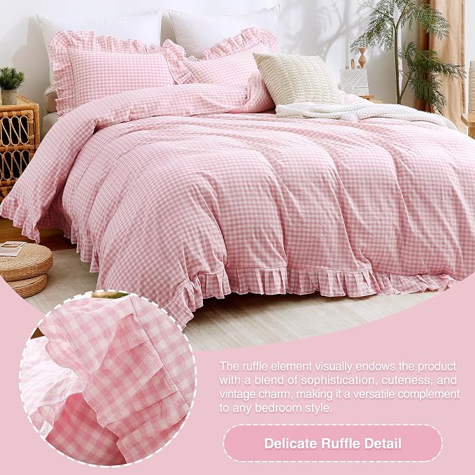 ATsense Pink Gingham Ruffle Duvet Cover Set Cotton Like Linen, King | 100% Washed Cotton Linen-Like Feel Soft, Breathable & Comfy. Cute Bedding Set with Zipper & 8 Ties. 3 Pcs, No Insert