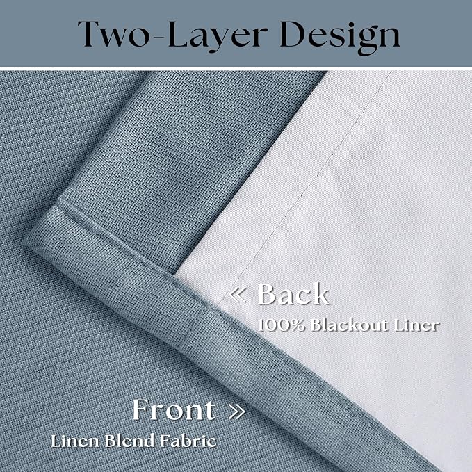 Dusty Blue Linen Black Out 120 Inch Curtains for Living Room 2 Panels Set | Pinch Pleated Back Tab Drapes, Two Layer Design, Thermal Insulated Full Blackout Curtains, for Bedroom High Ceiling, W40xL120