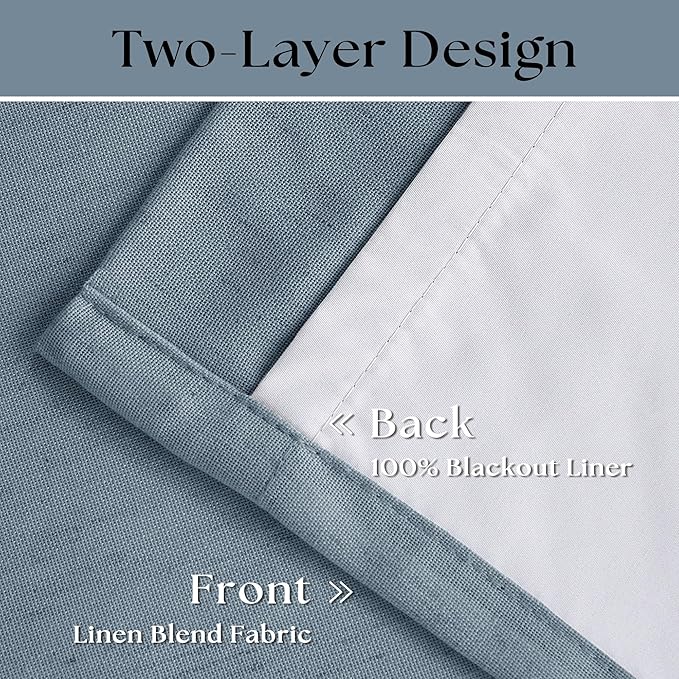 Dusty Blue Pleated Linen 100% Blackout Curtains 102 Inches Long for Bedroom | Black Out Room Darkening, Thermal Insulated, Pinch Pleat Rings Hooks, for Living Room, Light Blue Curtains with Liner 40x102