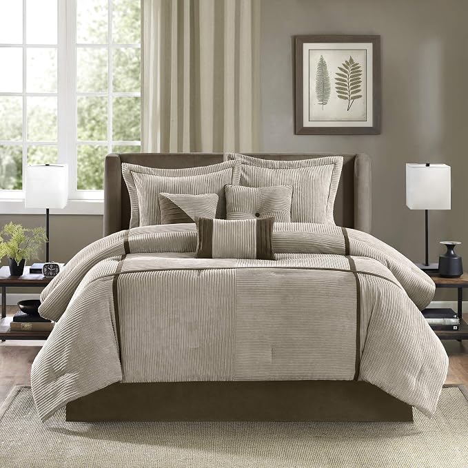 Madison Park Casual Blocks Comforter Set, 7PC Cal King Bedding Set | All Season, with Comforter, Shams, Bed Skirt, Decorative Pillows, Lightweight, Taupe Brown