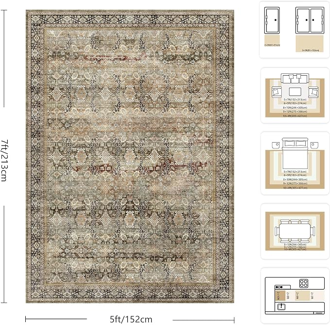 5x7 Area Rugs - Washable Vintage Retro Living Room Rug, Soft Ultra Thin Non Slip Low Pile Traditional Distressed Boho Carpet for Bedroom Dining Room Nursery Home Office, Charcoal Olive