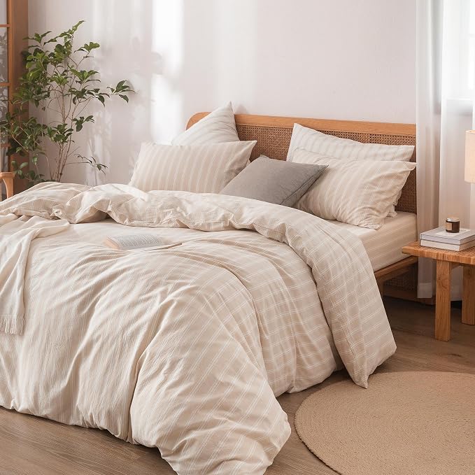 BESTOUCH Striped Cotton Duvet Cover Set Linen Feel California King | 100% Washed Cotton, Soft Wrinkle Texture, Hidden Zipper, 8 Ties, Breathable Lightweight Durable Comfy, 3 Pcs No Insert