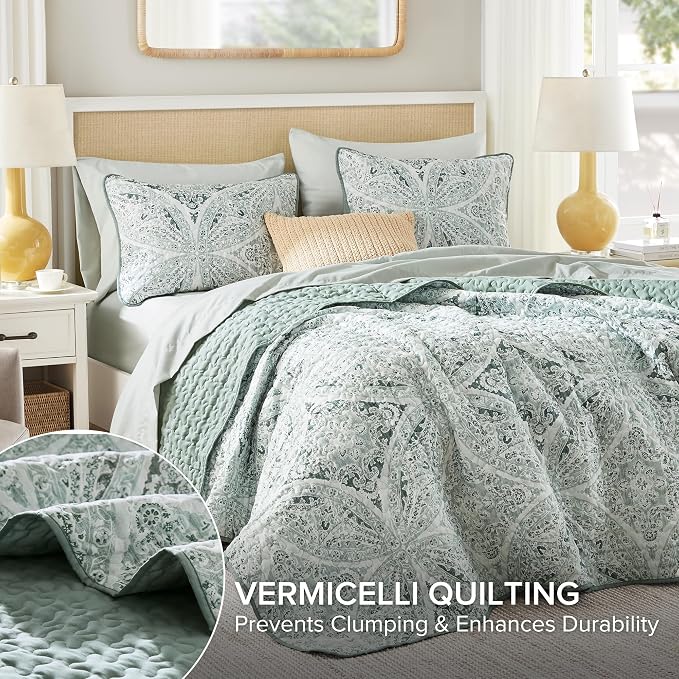 Comfort Spaces Gloria Boho Full Queen Quilt Set 3 Piece for Summer Green | Reversible Coverlet Bedspread, Soft All Season, Medallion Pattern, Winter Layer with Shams Modern Lightweight, Cozy Comfort
