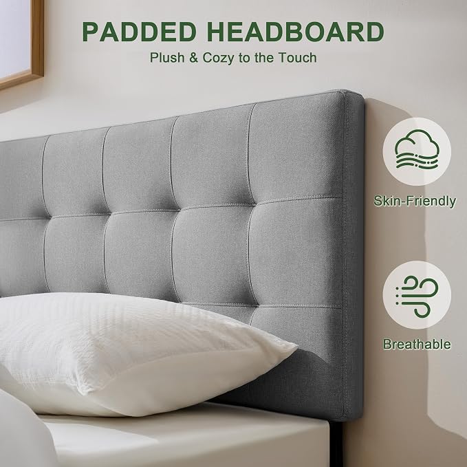 Linen Stitched Tufted King Headboard, Adjustable Height 37.2-42.3 in, Gray | Wood Twin Headboard Only, Padded Support for Reading, Relaxing or Working in Bed, Stable Non-Slip Design, Fits Bed Frame