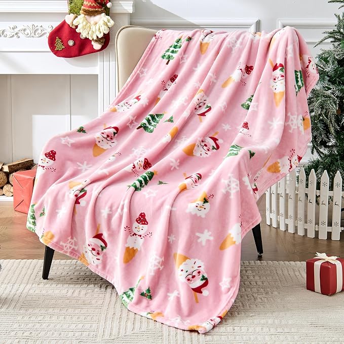 Edenleaf Christmas Blanket Soft Cozy Pink Throws with Snowman Snowflake Santa Claus and Xmas Trees Print, Fuzzy Warm Christmas Throw Blanket for Couch Bed Holiday Decorations Gifts 50"x60" (Pink)