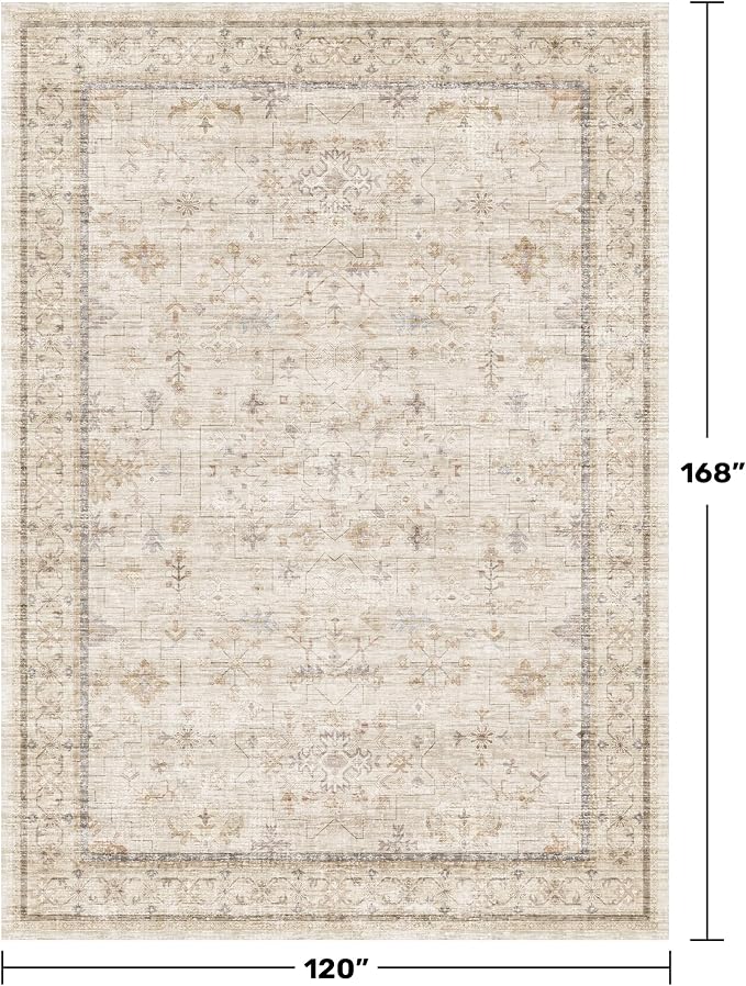 Washable Floral 10x14 Big Living Room Rug, Stain Resistant Foldable Area Rug for Bedroom, Large Dining Room, Farmhouse Neutral Light Beige Décor Indoor, Low Pile Soft Vintage Floor Carpet
