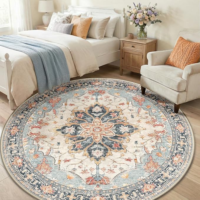 RELEANY Washable Area Rug, Round 6ft, Beige/Blue/Orange | Non-Slip, Water Repellent, Pet Friendly, Easy to Clean, Vintage Floral Boho Decor for Living Room Bedroom Dining Room