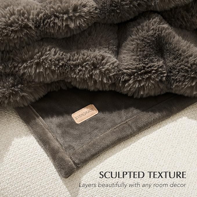 EverGrace Faux Rabbit Fur Bubble Throw Blanket, 50"x60", Dark Taupe | Ultra Soft, Luxury Faux Rabbit Fur Throw, Thick Warm Bubble Blanket, Cozy Fluffy Reversible, for Bed, Couch, Chair, Sofa