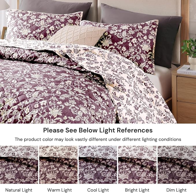 Twin/Twin XL Quilt Set-2 Pieces Soft Bedding Floral Reversible Coverlet | All Seasons Lightweight Quilts Queen Size for Bed, Breathable Vintage Bedspread with Sham, Italian Plum