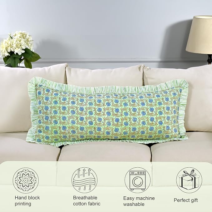 Ridhi Block Print Apple Green Ruffle Lumbar Pillow Shams, 36" x 14" Set-1 | 100% cotton, Floral Pillowcase, Cushion Cover, Hidden Zipper, Cottagecore Bedding, farmhouse boho style, fits couch, sofa,Bed