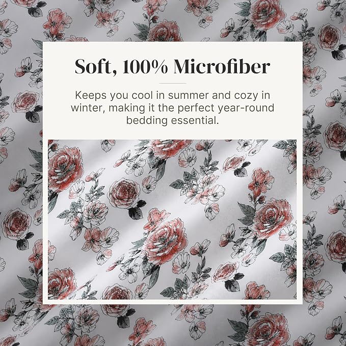 Modern Threads Printed 3-Piece Extra Soft Bedding Sheets & Pillowcase Set, Deep Pocket up to 16 inch Mattress Rose Bloom Twin