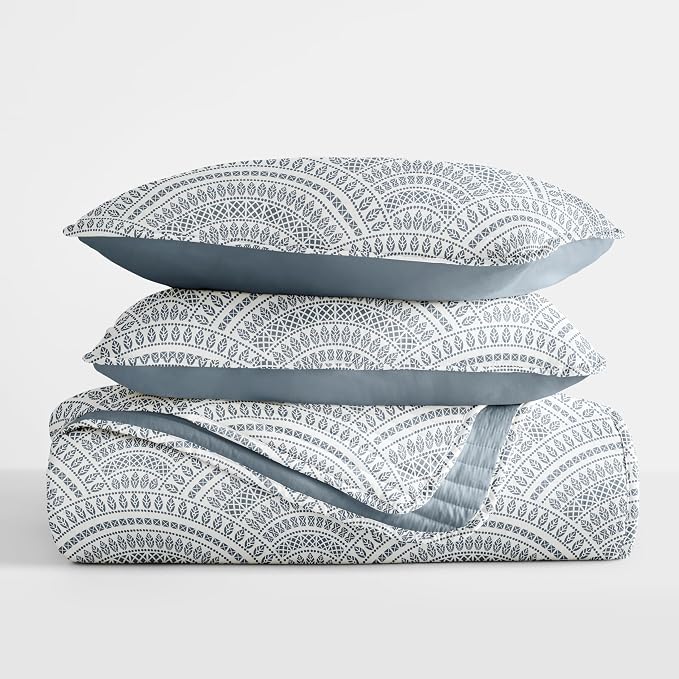 Merit Linens Soft Quilt Coverlet Bedding Set - Pattern/Solid Reversible - Full/Queen Dusk Blue