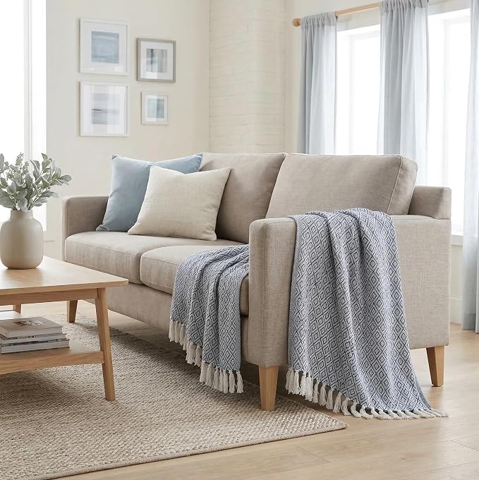 Americanflat 50x60 Throw Blanket - Soft and Breathable Cotton Throw Blanket for Couch, Bed, Chair - Decorative Blankets Perfect for Home or Outdoor Use - Navy Blue and White Double Diamond Design