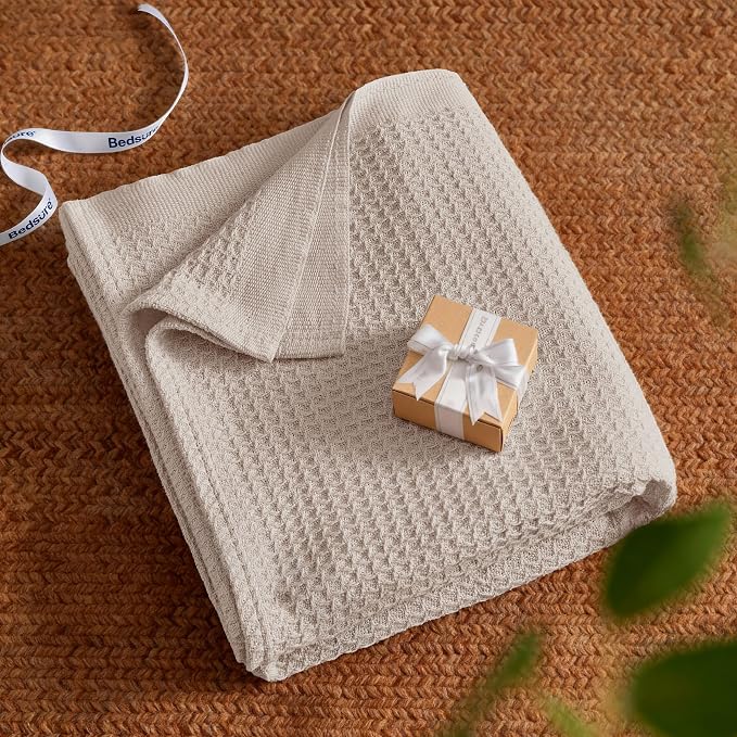 Bedsure 100% Cotton Throw Blanket for Couch, Waffle Weave, Beige, 50"x70" | Breathable, Soft, Cozy, Cooling, Waffle Texture, Summer Blanket, Gifts for Women, Machine Washable, All Seasons