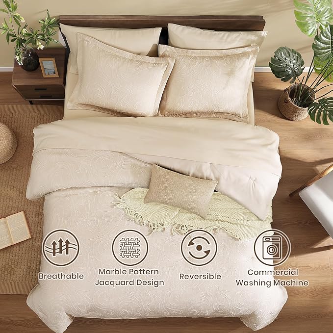 Monbix Full Size Comforter Set 7 Pieces Birch Marble Bed in a Bag | Lightweight All Season Bedding Sets with Comforter, Sheets, Pillowcases & Shams