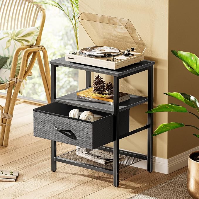 Huuger Nightstand Set of 2, Night Stand with Fabric Drawer, Mesh Shelf | Side Table with Storage, Fabric Drawer Dresser, Open Shelf, Metal Frame, Bedroom, Grey
