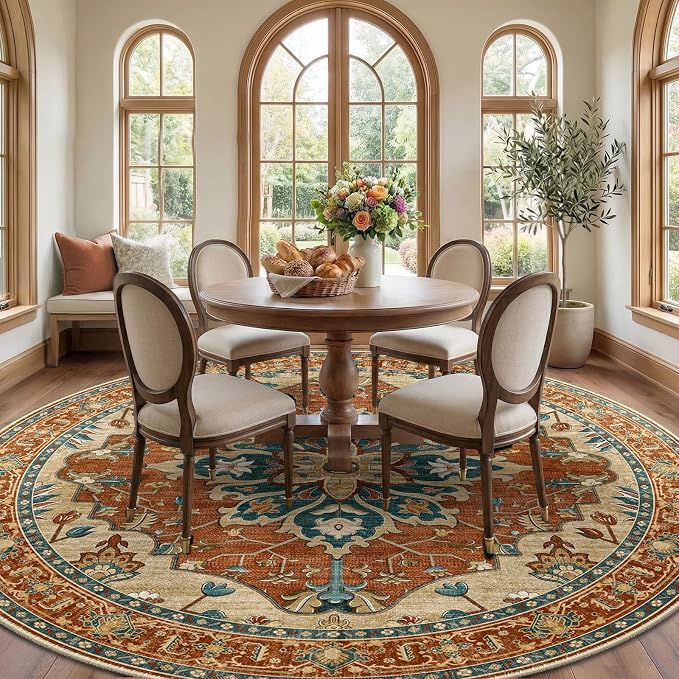 RELEANY Washable Area Rug, Round 10ft, Red/Orange/Blue/Brown | Non-Slip, Water Repellent, Pet Friendly, Easy to Clean, Vintage Floral Boho Decor for Living Room Bedroom Dining Room