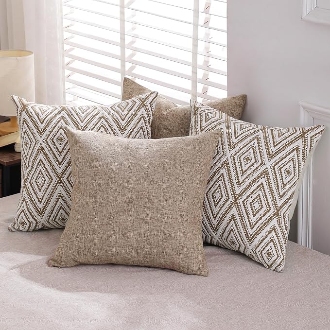 HPUK Throw Pillow Covers 18x18, Set of 4, Light Brown Couch Pillow Covers | Polyester fabric, patterned and solid designs, hidden zippers, machine washable, for sofas and beds, inserts not included