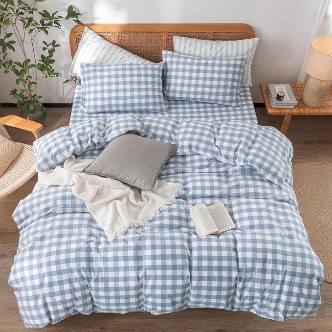 BESTOUCH Gingham Cotton Duvet Cover Set Cornflower Blue Twin | Washed Cotton, Linen Feel, Soft Wrinkle Texture, Hidden Zipper, 8 Ties, Breathable Lightweight Durable Comfy, 2 Pcs No Insert