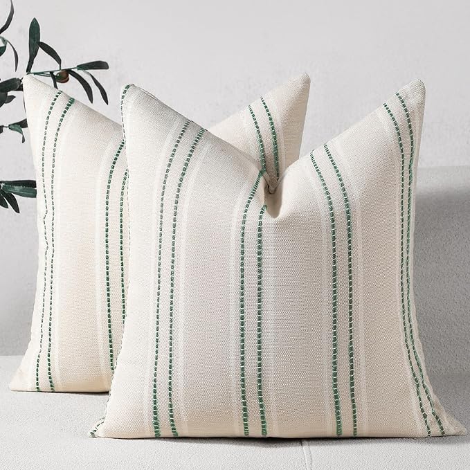 Hckot Spring Throw Pillow Covers 22x22 Set of 2 Green Pillow Covers | Farmhouse Decorative Pillows Textured Linen Square Cushion Covers for Sofa Couch Bed Living Room Decor(Dark Green)