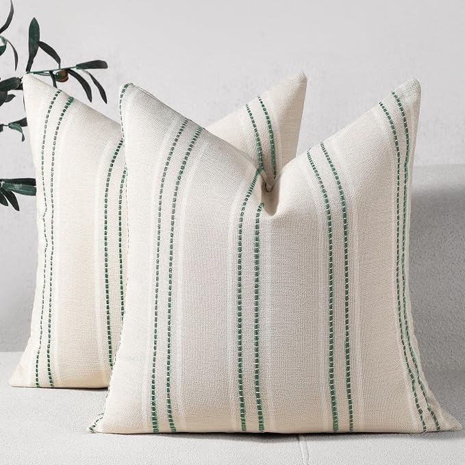 Hckot Spring Striped Throw Pillow Covers 20x20 Set of 2 Green Pillow Covers | Farmhouse Decorative Pillows Textured Linen Square Cushion Covers for Sofa Couch Bed Living Room Decor(Dark Green)