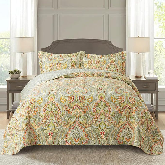 Cotton Bedspread Quilt Sets-Reversible Patchwork Coverlet Set, European Beige Floral Pattern, King Size