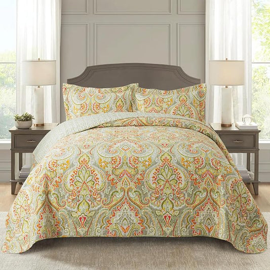 Cotton Bedspread Quilt Sets-Reversible Patchwork Coverlet Set, European Beige Floral Pattern, California King Size