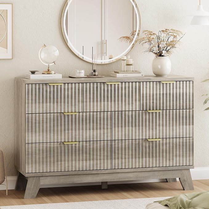 Xixini Fluted Dresser for Bedroom with 7 Drawers, 48" Wide Modern Chest of Drawers with Metal Handle, Wood Dresser TV Stand, Wooden Closet Clothes Storage Organizer for Living Room, Hallway, Grey