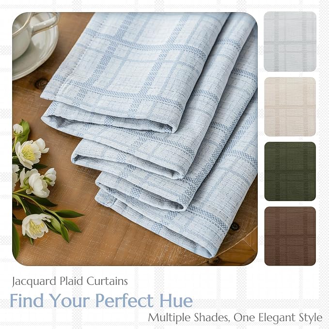 Beauoop Blue Plaid Jacquard Blackout Curtains for Bedroom 52x72 2 Panels | Gingham Checkered Room Darkening Drapes for Living Room 72 Inch Long Thermal Insulated Soundproof Window treatment Grommet