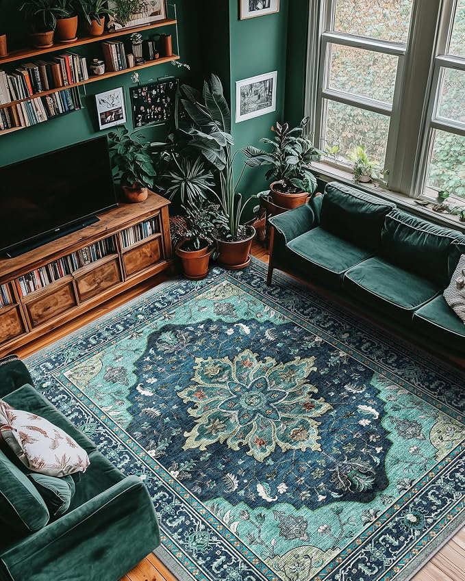 RELEANY Washable Area Rug, Large 9'x12', Teal | Non-Slip, Water Repellent, Pet Friendly, Easy to Clean, Vintage Floral Boho Decor for Living Room Bedroom Dining Room