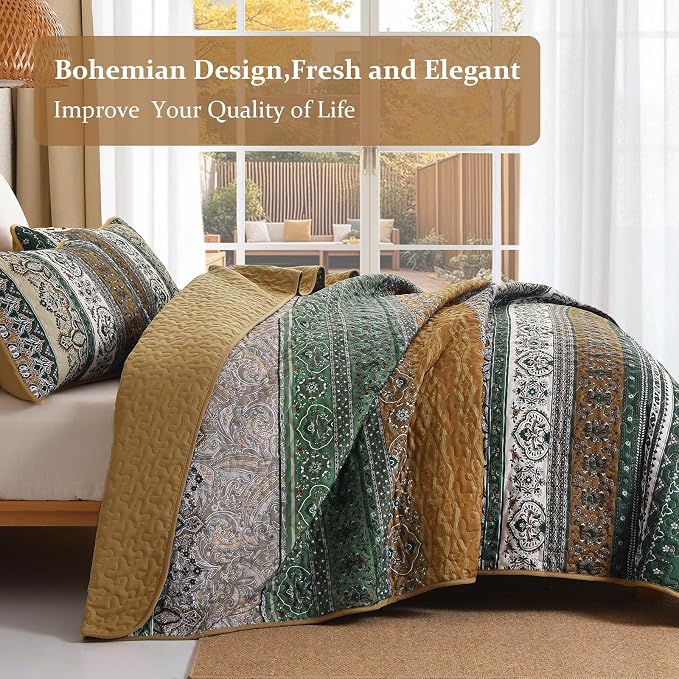 WONGS BEDDING Boho Quilt Queen Size,3 Pcs Bedspread Set, Brown Green | Colorful Bohemian Striped Printed Bedding for All Season, Lightweight Microfiber Coverlet Set with 2 Pillowcases(96"x90")