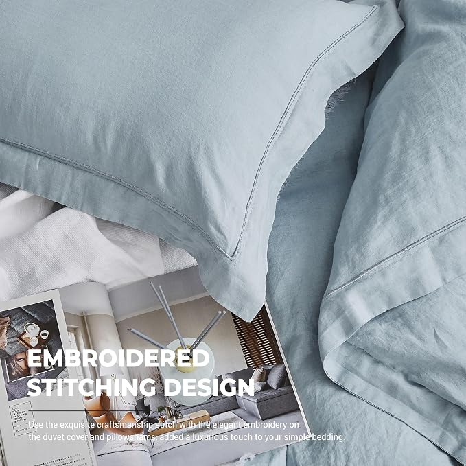 Simple&Opulence 100% French Linen Duvet Cover Set with Embroidered,3 Pcs Washed Soft Farmhouse Bedding Set with Button Closure,1 Comforter Cover and 2 Pillowshams(King,Dusty Blue)
