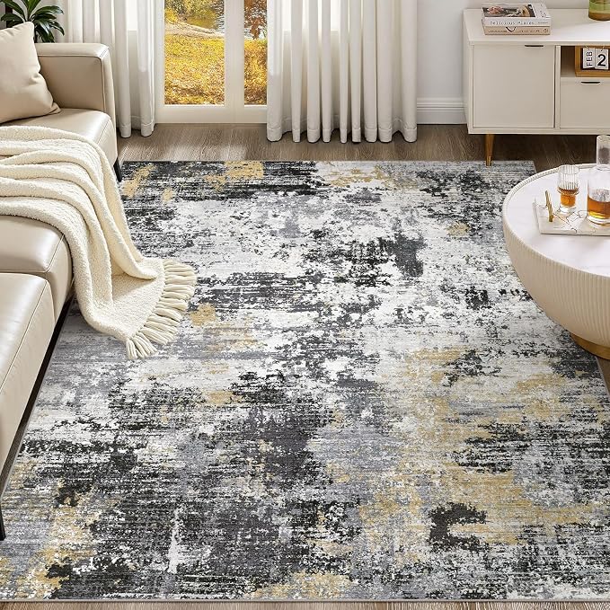 UERMEI 10x14 Area Rug for Living Room - Washable Neutral Modern Abstract Carpet, Non-Slip Soft Large Indoor Floor Rugs for Bedroom Home Office & Under Dining Table Decor, Black/White/Gold