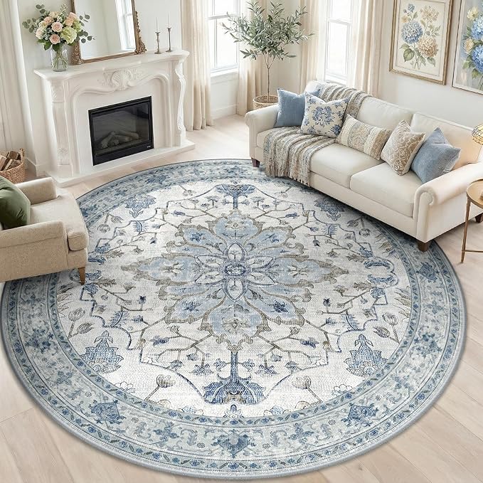 RELEANY Washable Area Rug, Round 8ft, Blue/White/Gray | Non-Slip, Water Repellent, Pet Friendly, Easy to Clean, Vintage Floral Boho Decor for Living Room Bedroom Dining Room