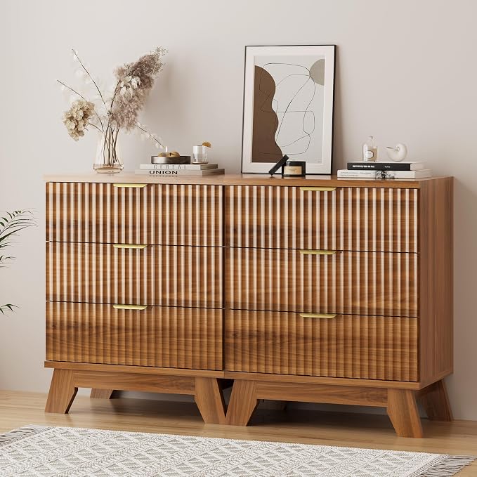Xixini Fluted Dresser for Bedroom with 3 Drawers, 24" Wide Modern Chest of Drawers with Metal Handle, Wooden Dresser TV Stand, Wood Closet Clothes Storage Organizer for Living Room, Hallway, Walnut