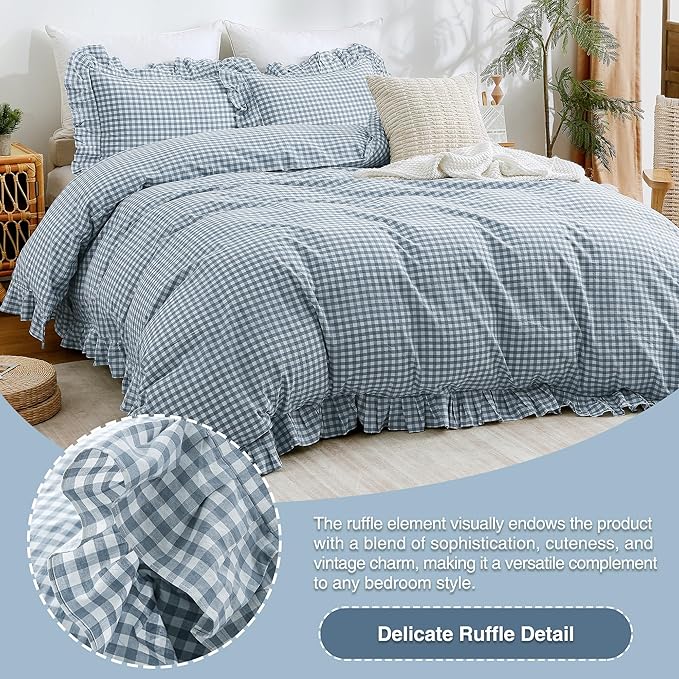 ATsense Blue Gingham Ruffle Duvet Cover Set Cotton Like Linen, King | 100% Washed Cotton Linen-Like Feel Soft, Breathable & Comfy. Farmhouse Bedding Set with Zipper & 8 Ties. 3 Pcs, No Insert
