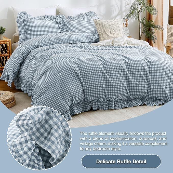 ATsense Blue Gingham Ruffle Duvet Cover Set Cotton Like Linen, Queen | 100% Washed Cotton Linen-Like Feel Soft, Breathable & Comfy. Farmhouse Bedding Set with Zipper & 8 Ties. 3 Pcs, No Insert