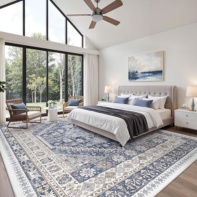 10x14 Area Rugs for Living Room,Large Washable Rug,Blue | Rugs for Bedroom,Dining Room,Office,Low Pile,Soft, Vintage Rug,Stain Resistant Indoor Carpet,Non Slip,Home Decor
