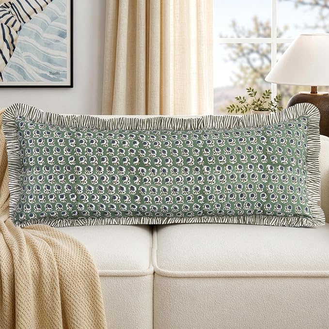 Ridhi Block Print Basil Green Ruffle Lumbar Pillow Shams, 36" x 14" | 100% cotton, Floral Pillowcase, Cushion Cover, Hidden Zipper, Cottagecore Bedding, farmhouse boho style, fits couch, sofa,Bed