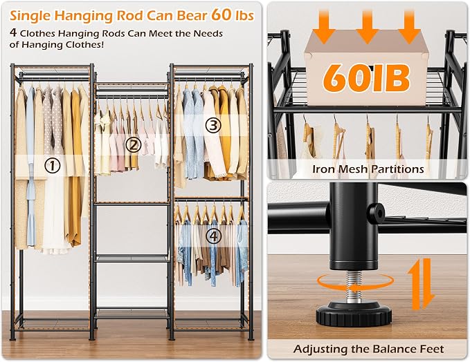 HOMIDEC Wardrobe Closet, 4 Hanging Spaces Portable Clothes Rack | Free Standing Closet Organizer and Storage System with Hanging Rods,Clothing Rack Suitable for Cloakroom,Bedroom,etc.Black